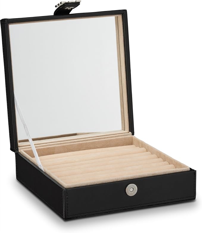 Glenor Co Ring Box Organizer - 54 Slot Classic Jewelry Display Case Holder - Storage Tray with Modern Buckle Closure, Large Mirror - Holds Rings and Cufflinks - Small for Travel - PU Leather - Black