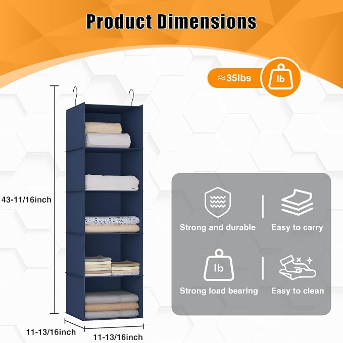 Hanging Closet Organizer 5-Shelf, Oxford Fabric Wardrobe Storage, Navy Blue | Easy-mount foldable design holds clothes, handbags, shoes & accessories; washable Oxford fabric, sturdy and space-saving.