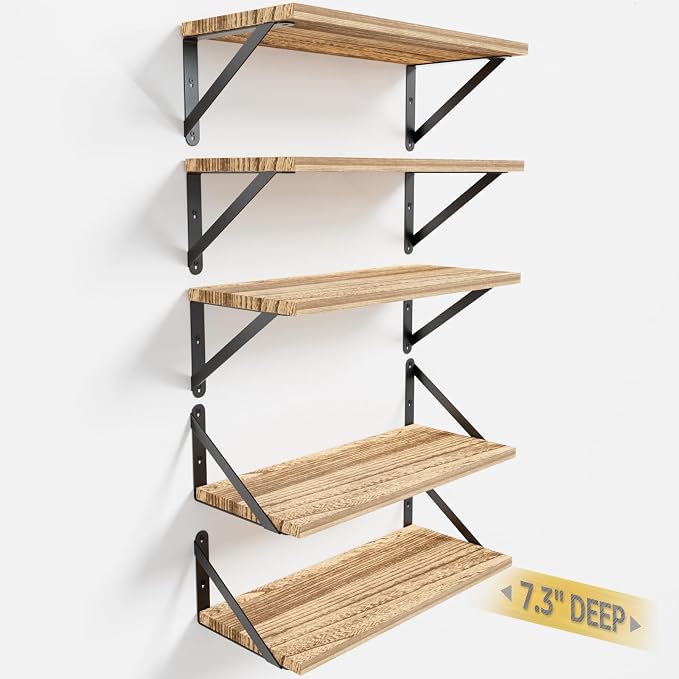 COCOYA Wall Shelves 7.3" Deep Solid Paulownia Wood (Light Brown, Set of 5) | 15mm Thick, Wider & Longer & Stronger, Easy to Install, Floating Bookshelves, For Bathroom Bedroom, Office Storage Organizer