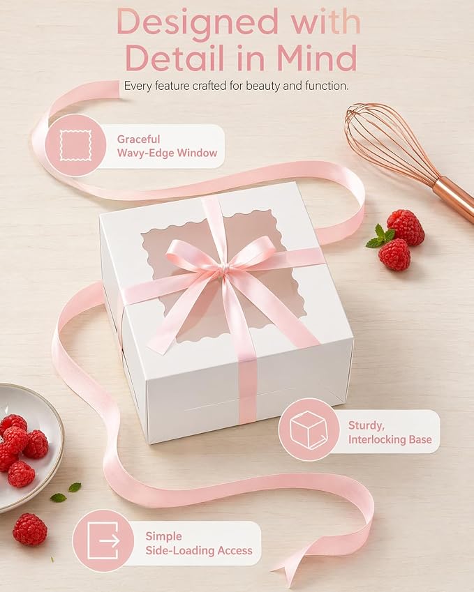 qiqee 10"x10"x5" Cake Box, 36 Sets White Cake Box with Window ＆ 36 Sets 10" White Cake Round Boards, for Cake, Treat Cookie Dessert, Pastry, Birthday Party, Weddings