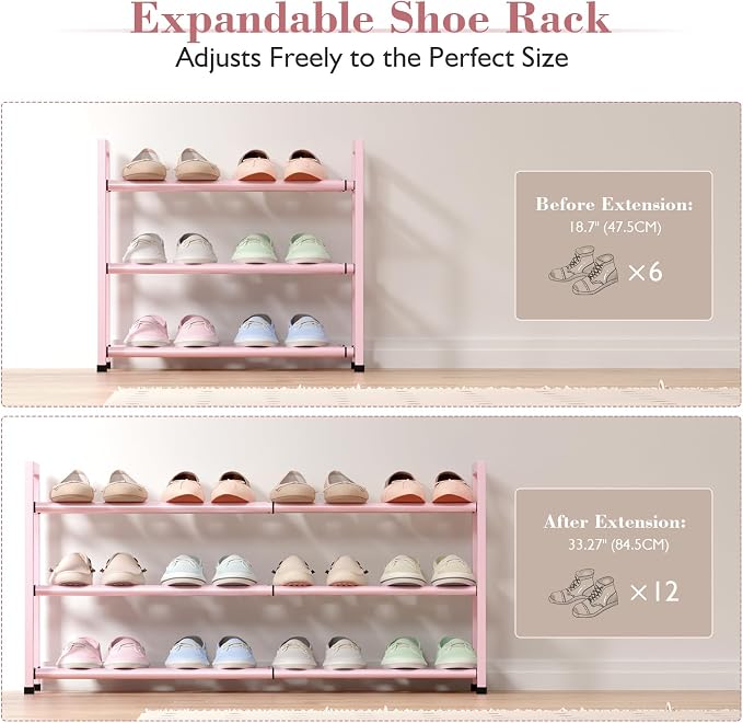 Bumusty 3-Tier Expandable Shoe Rack for Closet, 18“-33” Adjustable Shoe Rack for Small Space, Small Shoe Organizer for Front Door, Sturdy Metal, Pink