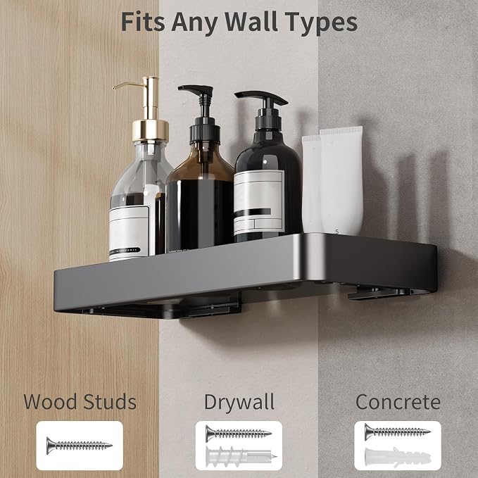 Danpoo 12-Inch Wall Shelf, Clear Tempered Glass with Matte Black Aluminum Frame – Versatile Floating Bathroom Organizer