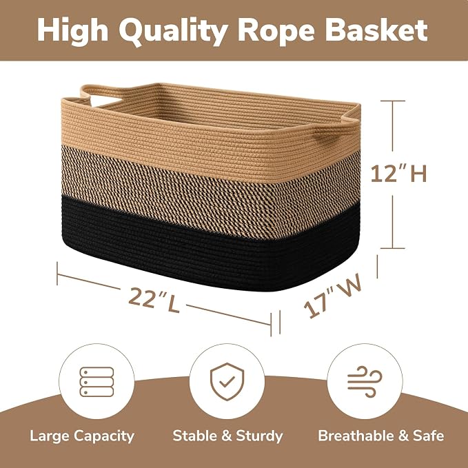 Goodpick Large Blanket Basket 22" x 17" x 12" Wicker Laundry Baskets for Organizing, Decorative Woven Rope Basket for Living Room Bedroom, Rectangle Toy Storage Baskets for Kids
