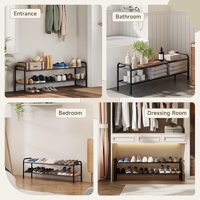 Shoe Rack,Long Shoe Organizer For Closet,Wide Shoe Storage For Entryway, 2 Tier Sturdy Metal Free Standing Shoe Shelf