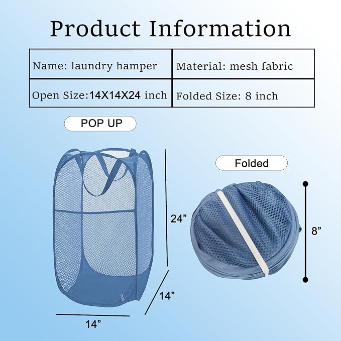 Mesh Pop Up Laundry Hamper for Cruise, Collapsible Laundry Basket Foldable Dirty Clothes Hamper with Handles, Side pocket, Ash Blue