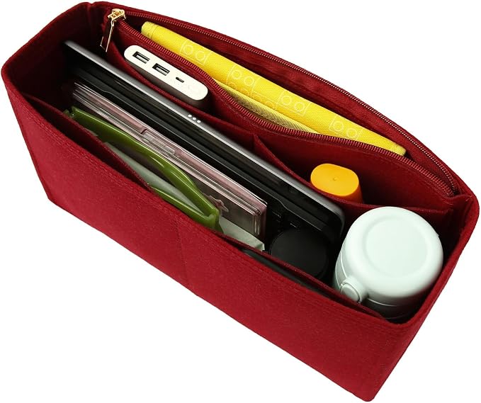 Surblue Purse Organizer Insert for Handbags, Felt Bag Organizer with Zippers Handbag Shaper Pouch for Classic 19 Flap Bag, Marmont, Onthego,（Burgundy, Slender L）