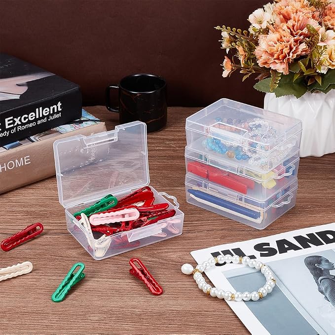 BENECREAT 6 Pack Clear Plastic Box Clear Storage Case Collection Organizer Container with Hinged Lid and Hangers For Organizing Small Parts Office Supplies Clip - 3.93x2.75x1.3 Inches