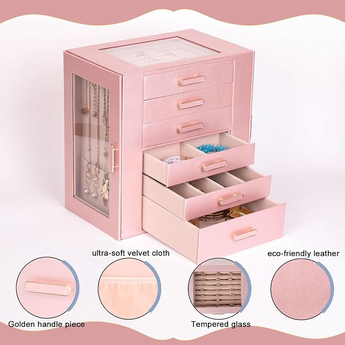 BOOVO Clear Lid Jewelry Box,6 Layers Jewelry Organizer Large Jewelry Storage Box with 6 Drawers,Jewelry Holder Organzier of Rings Earrings Necklace Bracelets for Women (Rose Gold, 6 Layer)
