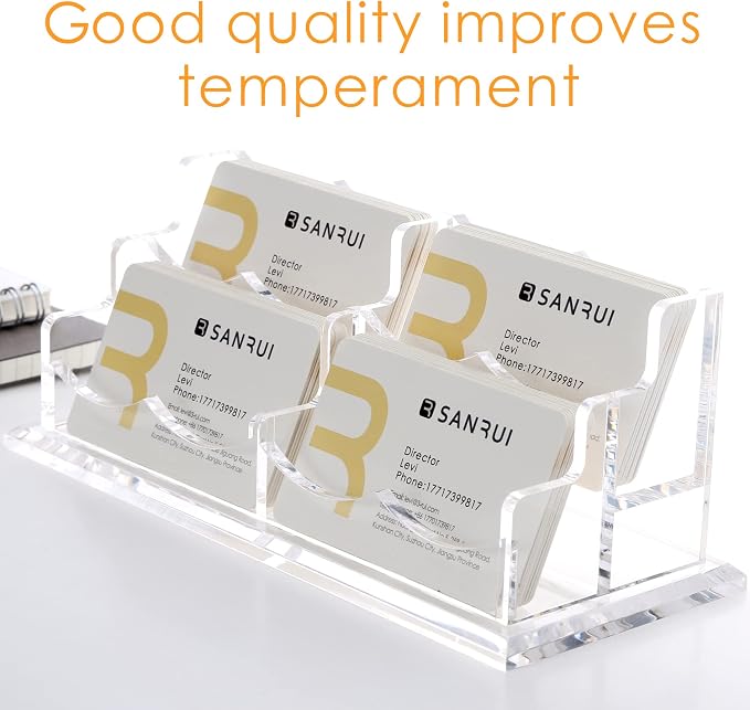 SANRUI Clear Horizontal Business Card Holder Stand for Desk, Acrylic Desktop Display Name Cards Holders Organizer Storage Rack,for Exhibition, Home, Office,2 Tier 4 Pocket, 240 Card Capacity