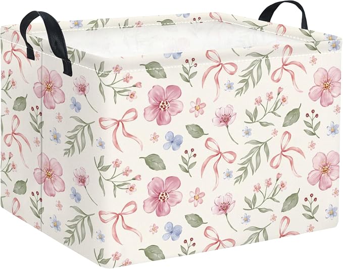 Rectangular Baby Kids Storage Basket for Home Kitchen Girls Cute Toy Storage Bin Organizer Shelf Book Room Decor(Bowknot Flower)