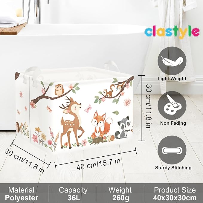 Clastyle Forest Animal Baby Storage Basket Leaf Kid Laundry Hamper Boy Girl Gift Toy Box Collapsible Clothes Organizer Nursery Bin for Bedroom, Pink Deer, 40x30x30 cm