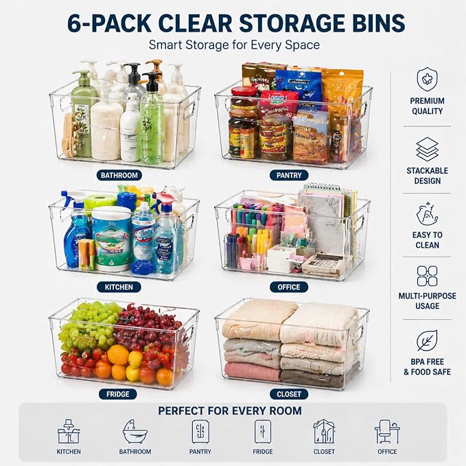 MOONEDGE Clear Plastic Storage Organizer Bins for Home Organization | Clear Bins for Organizing, Pantry Organizers and Storage, Kitchen, Fridge, Bathroom, Cabinet, Closet, Under-Sink, Laundry