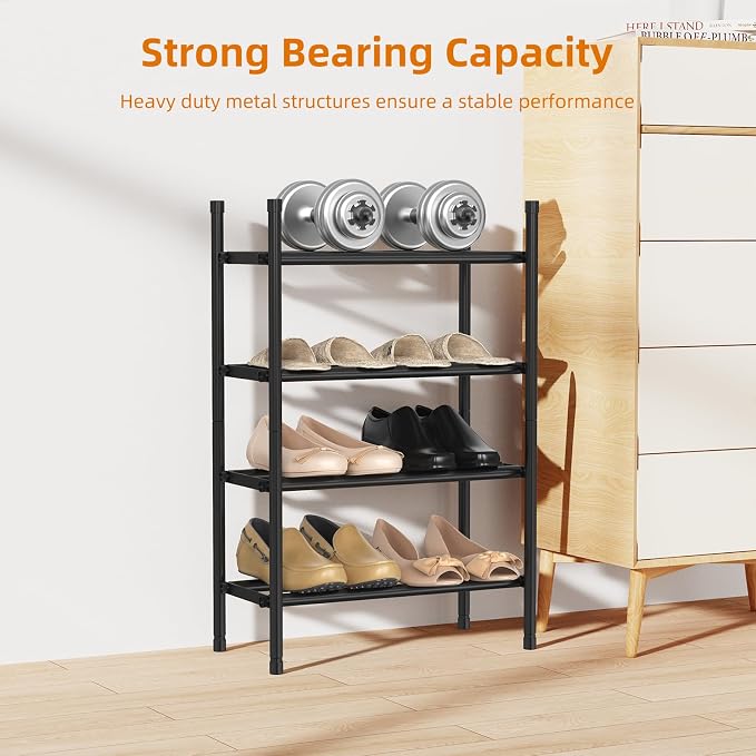 Uneviesyka Expandable Shoe Rack Organizer,Adjustable and Stackable Shoe Storage Shelf,Heavy Duty Metal Small Shoe Rack for Closet Entryway Bedroom (Black, 4 Tier)