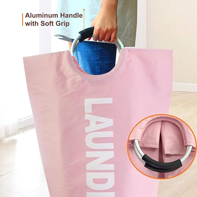 Mziart Large Laundry Basket with Padded Handles, 90L Pink, Oxford Fabric Laundry Hamper Tall Laundry Bag Clothes Hamper Storage Organizer for Bedroom Bathroom College Dorm, Collapsible and Waterproof