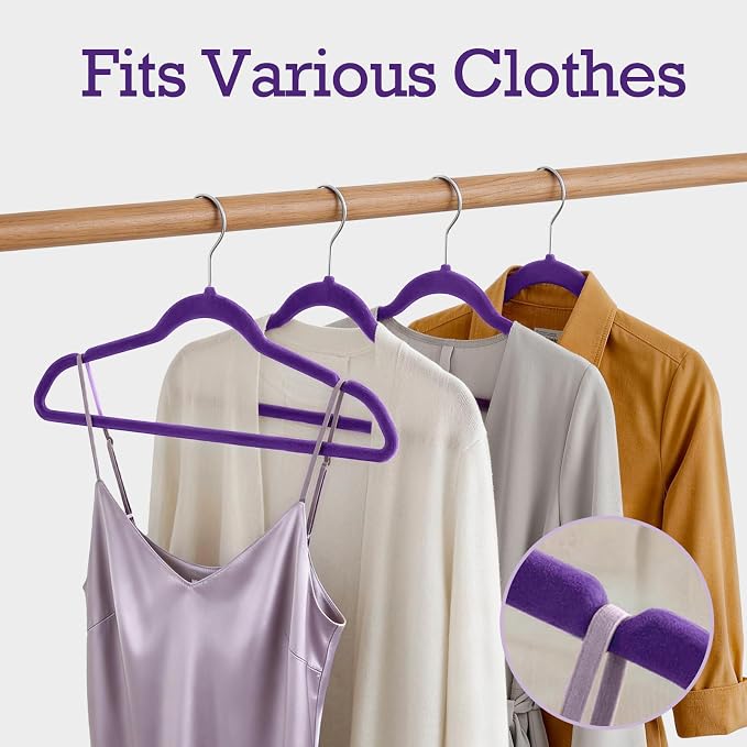 HOUSE DAY Noble-Purple Velvet Hangers 60 Pack, Non Slip Clothes Felt Hanger Heavy Duty for Coat, Premium Slim Space Saving Suit Hangers for Closet Organizer, 360° Rotating Silver Hook