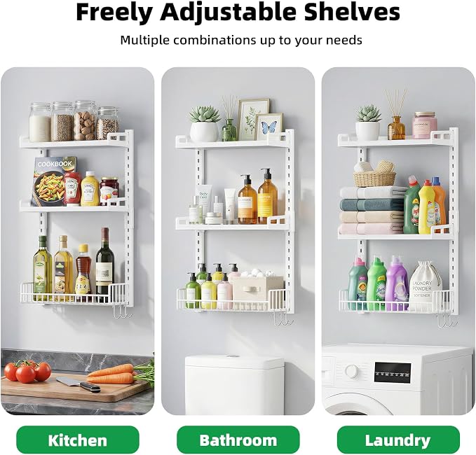 Kalrin 3 Tier Bathroom Shelves Over Toilet - Wall Mounted Floating Shelves with Drain Basket, Toilet Paper Storage, Height Adjustable Over The Toilet Storage, Pure White