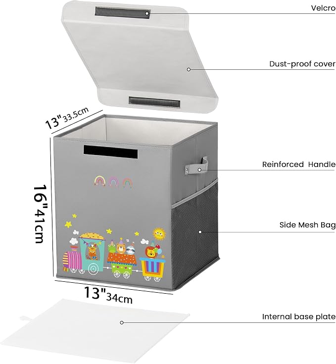 40L Large Toy Storage Box with Lid, Large Toy Box Chest for Kids, Girls and Boys, Nursery Room and Living Room, 13"x13" x16" (grey-train)