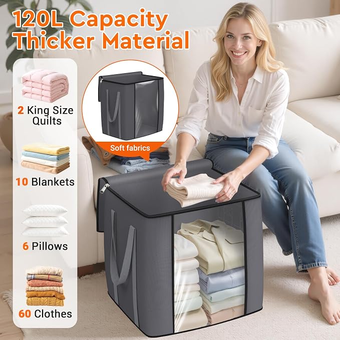 TasticTotes 120L Extra Large Clothes Storage Bags, Foldable Blanket Storage and Organization, Thick Fabric Containers with Reinforced Handles & Zippers for Clothing, Comforters, Bedding, Gray, 6 Pack