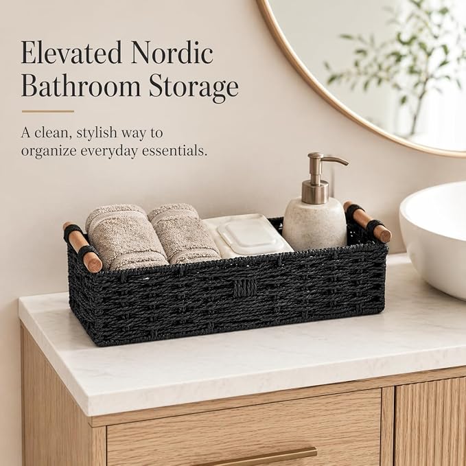 Black Woven Bathroom Basket with Wood Handles — Toilet Paper Storage Organizer for Back of Toilet, Paper Rope Wicker Basket, Boho Bathroom Decor Tray for Countertop or Tank Top