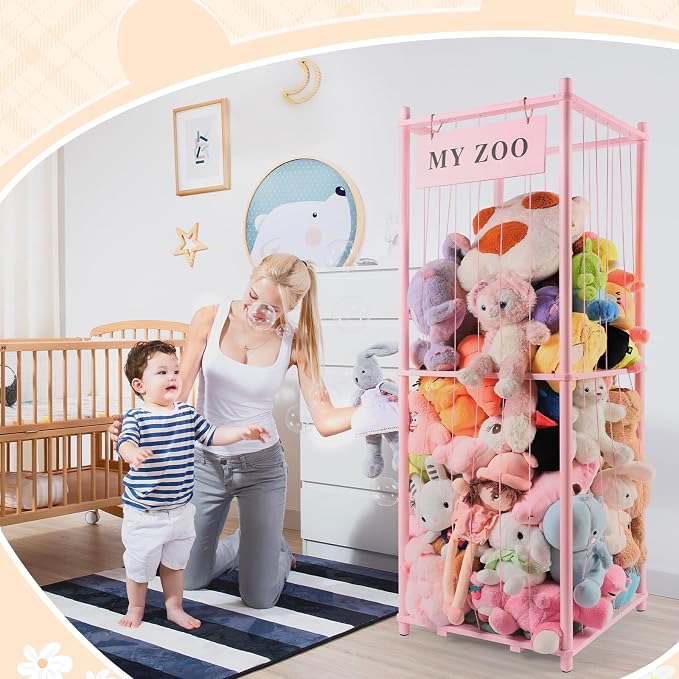 GLDZI Stuffed Animal Storage Zoo, Wooden Stuffed Animal Organizer with Elastic Cords for Boys Girls, Space Saving Toy Plushies Storage Holder for Playroom, Bedroom, Living Room (Pink, Large)