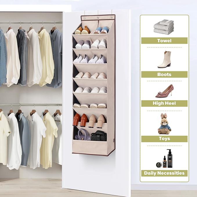 4 Pack Shoe Organizer with 6 Extra Large Pockets and 4 Large Pocket, Over the Door Sturdy Closet Storage Rack, Hanging Shoe Organizer for Shoes, Sneakers, Beige