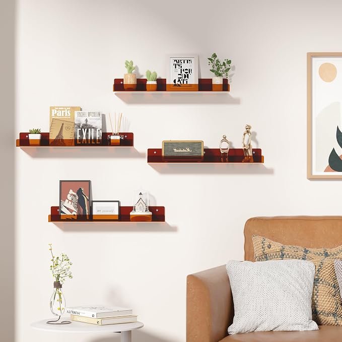upsimples 4 Pcs 15" Acrylic Shelves for Wall Decor and Display, Brown | Cute Floating Shelf for Perfume, Skincare, Nail Polish, Wall Organizer for Bedroom, Living Room, Playroom, Room Décor
