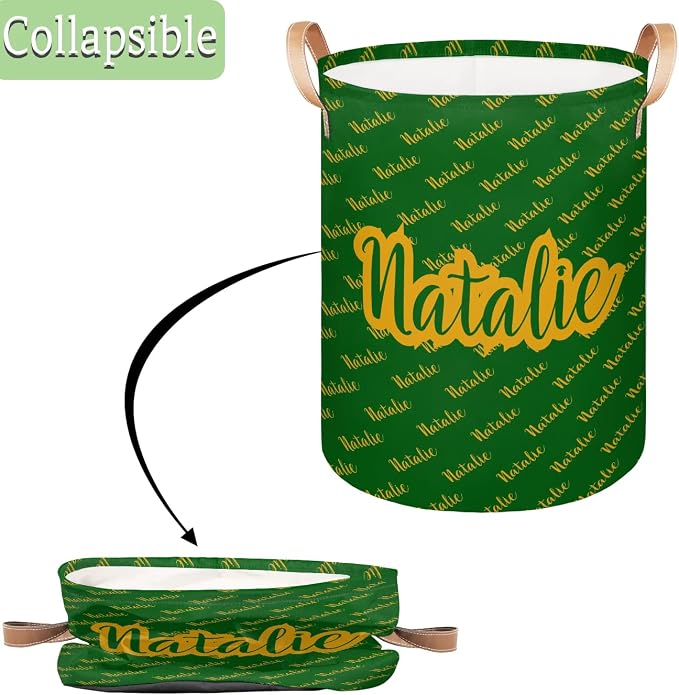Personalized Laundry Basket, Custom Gift Laundry Hamper, Collapsible Nursery Waterproof Laundry Baskets, Dirty Clothes Toy Hamper with Handles Name Gold Green