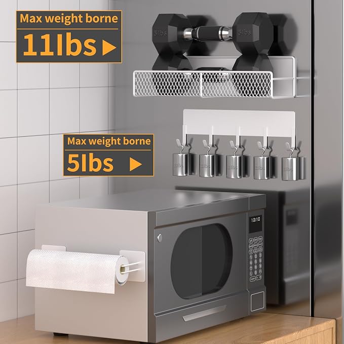 Magnetic Spice Rack for Refrigerator, 10 Pack Metal Magnetic Shelf, Moveable Spice Organizer with Hook Rack, Paper Towel Holder, Kitchenware Holder, Strong Magnetic Storage Fridge Organizer White