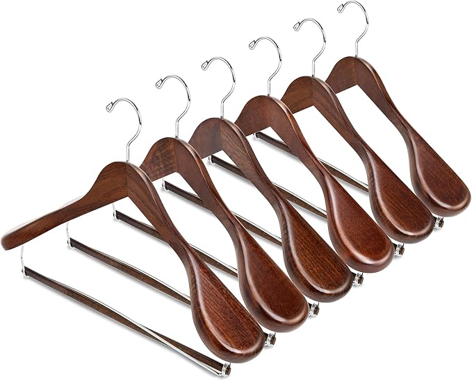 Amber Home 6 Pack Wide Shoulder Wooden Suit Hangers, Retro | Retro Wood Coat Hangers with Non Slip Locking Bar, Clothes Hangers for Jackets, Sweaters, Pants & Heavy Clothes