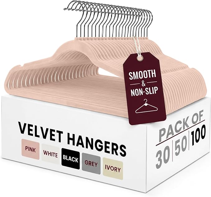 LDC Pink Velvet Hangers 100 Pack - Premium Non-Slip Clothes Coat Pants Felt Hanger for Closet - Heavy Duty Space Saving 360° Swivel Hook Hangars – Pink