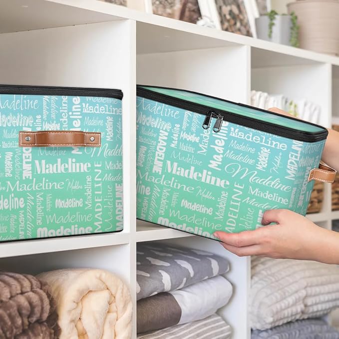 Custom Storage Basket with Name, Personalized Keepsake Box with Zipper Lid, Foldable Fabric Memory Bin Large capacity with Handle Bright Green Blue