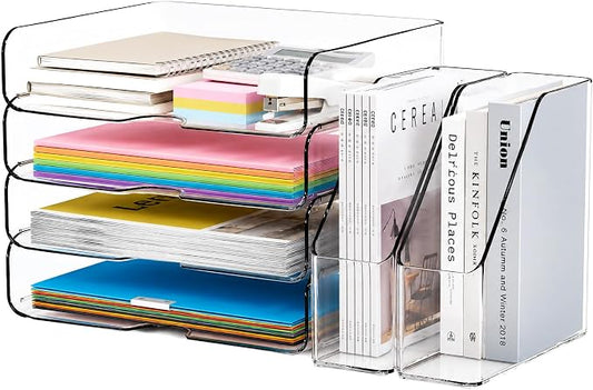 DCA Clear Acrylic Desk Organizer Set, 4 Tier Letter Tray with 2 Magazine File Holders, Clear Paper Organizer for Office, Home, School, Desktop File Storage for Documents, Books & Supplies