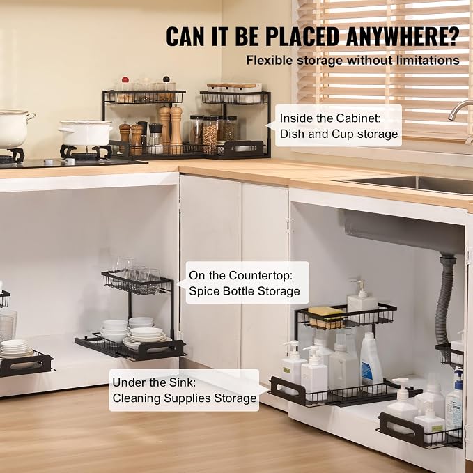 VEVOR Pull Out Cabinet Organizer, 2 Tier Under Sink Organizer and Storage(10.7"W x 14.2"D ), Slide Out Drawer Cabinet Organizer, Wire Basket Sliding Shelf for Kitchen Bathroom Cabinet, Black (2 Pack)