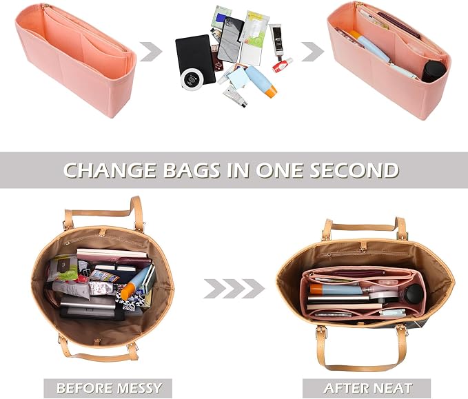 Surblue Purse Organizer Insert for Handbags, Felt Bag Organizer with Zippers Handbag Shaper Pouch for Classic 19 Flap Bag, Marmont, Onthego,（Lightpink, Slender M）