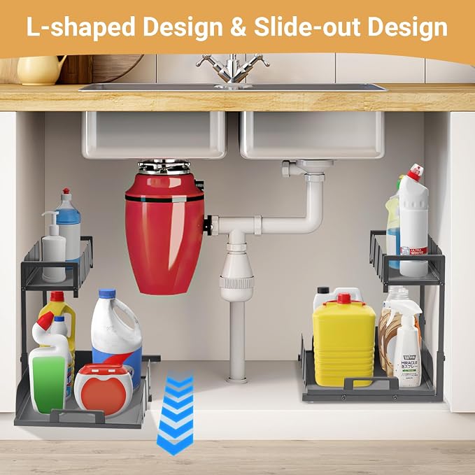Under Kitchen Sink Organizer, 2 Tier Metal Pull Out, 2 Pack | Sliding Drawer, Heavy Duty, Bathroom Organizers and Storage Shelf, For Home, Laundry, Office