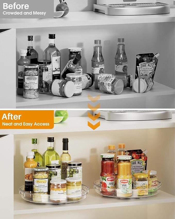 LAMU 2 Pack 10.6in Lazy Susan Organizer Turntable for Cabinet, Clear Lazy Susan for Refrigerator Rotating Organizer for Fridge, Kitchen, Pantry, Countertop, Bathroom, Medicine Cabinet Organizer