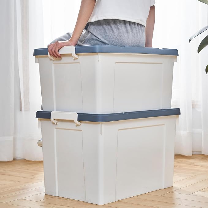 Cetomo Lidded Storage Bin with Handle, Tote Organizing Container with Wheels, Lid and Secure Latching Buckles, Stackable and Nestable, Plastic, 72 Quart-6 Pack, White