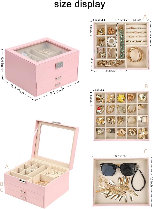 BOOVO Clear Lid Jewelry Box,3 Layers Jewelry Organizer Large Jewelry Storage Box with 2 Drawers,Jewelry Holder Organzier of Rings Earrings Necklace Bracelets for Women (Pink, 3 Layer)