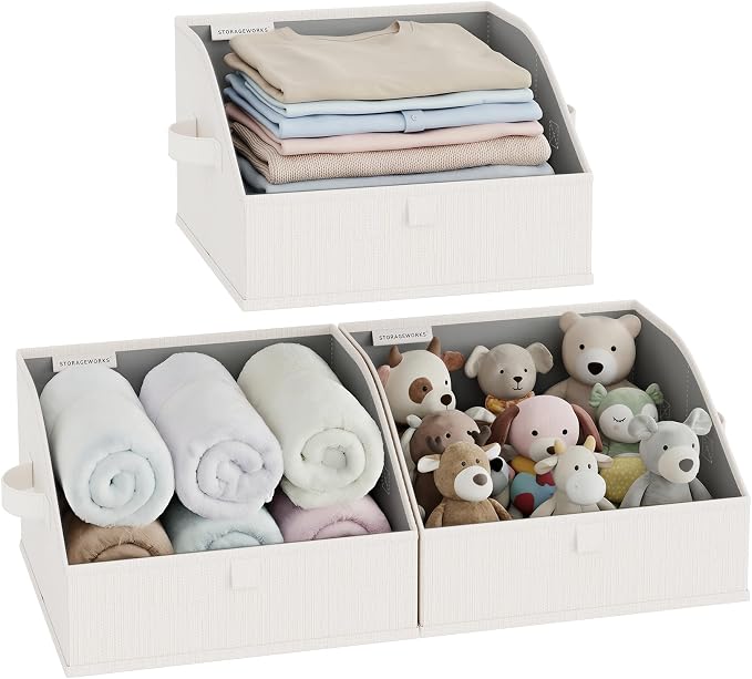 StorageWorks Closet Baskets for Shelves, Trapezoid Storage Bins, Closet Organizers and Storage, Clothes Organizing Bins, Small, 3-Pack, Mixing of Beige, White & Ivory
