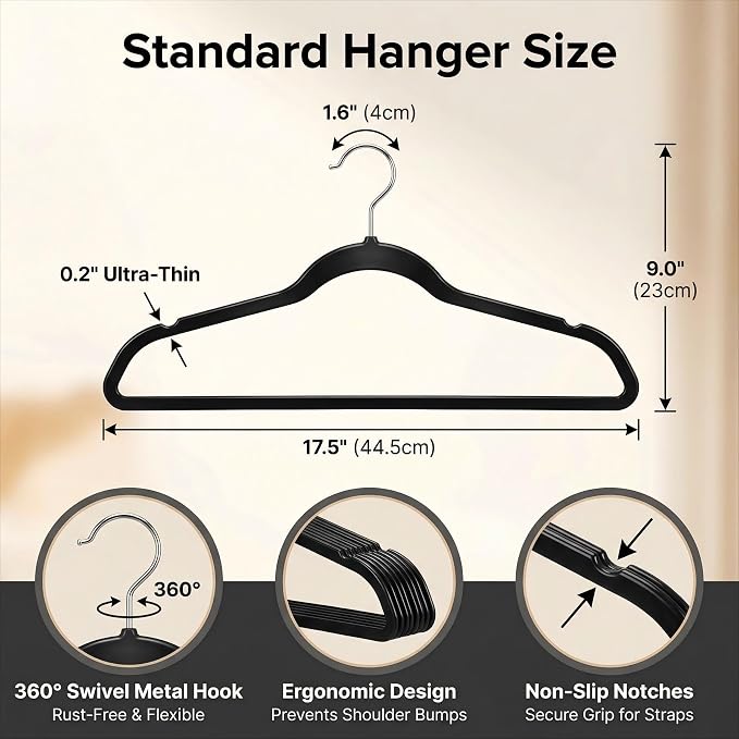 HOUSE DAY Black Plastic Hangers 20 Pack - Ultra-Thin Heavy Duty Non-Velvet | Hangers with 360° Swivel Hook & Non Slip Notches - Slim Space Saving Clothes Hangers Ideal for Dresses Coats Shirts Jackets