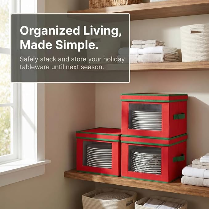 Household Essentials 536RED Holiday China Storage Chest with Lid and Handles | Dinner Plate | Red Canvas with Green Trim