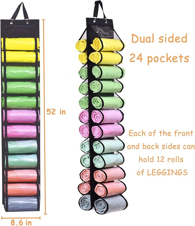 Legging Storage Bag Storage Hanger Can Holds 24 Leggings or Shirts Jeans Compartment Storage Hanger, Foldable Leggings Organizer Clothes Portable Closets Roll Holder (Black)