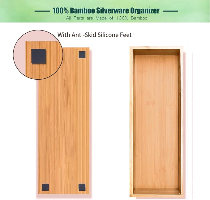 guiogc Bamboo Drawer Silverware Organizer 11.5" x 3.15" x 1.8" Set of 2 | Flatware Organizers, Multi-purpose Storage Box, For Kitchen, Offices and Dressing table, Bamboo Material