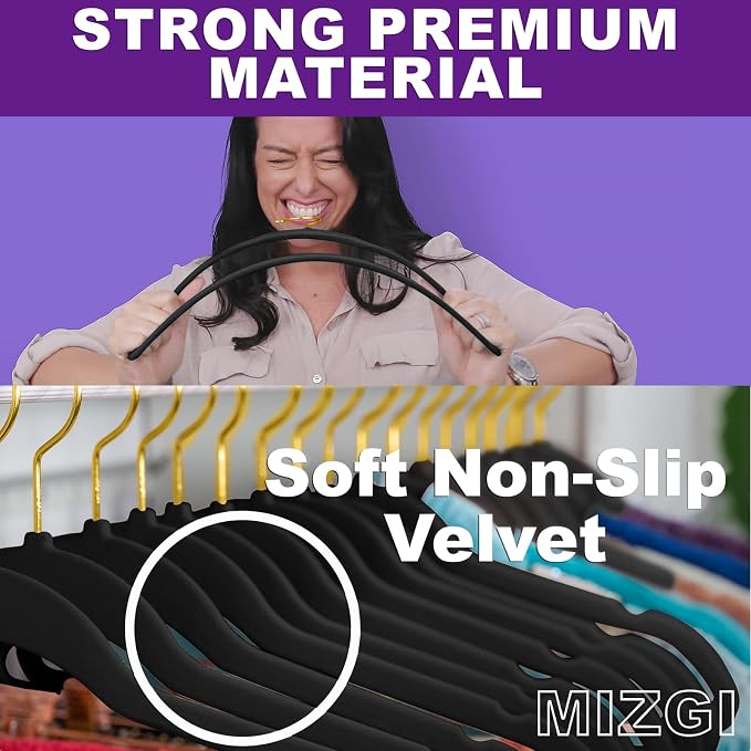 MIZGI Premium Velvet Hangers Pack 100 Pcs Heavyduty - Non Slip Slimline - Velvet Suit Hangers Black - Gold Hooks,Space Saving Clothes Hangers