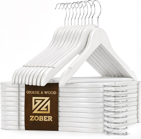 ZOBER White Wooden Hangers - Heavy Duty, Non Slip Wood Hangers for Coats, Jackets, Suits, & Pants - Coat Hangers for Closet W/Bar and Notches 20 Pack (White, 20 Pack)