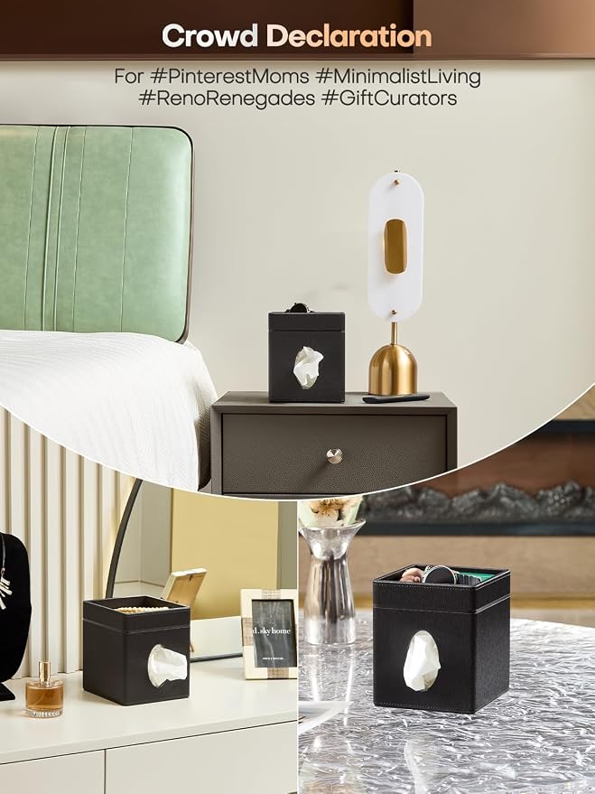Square Tissue Box Cover Holder with Tray for Kleenex/Puffs Cubes | Gift-Ready for Entryways/Vanities | Stardust Black/Polar Ice/Liquid Iridium | Patented Metal-Look PU Leather-Stardust Black