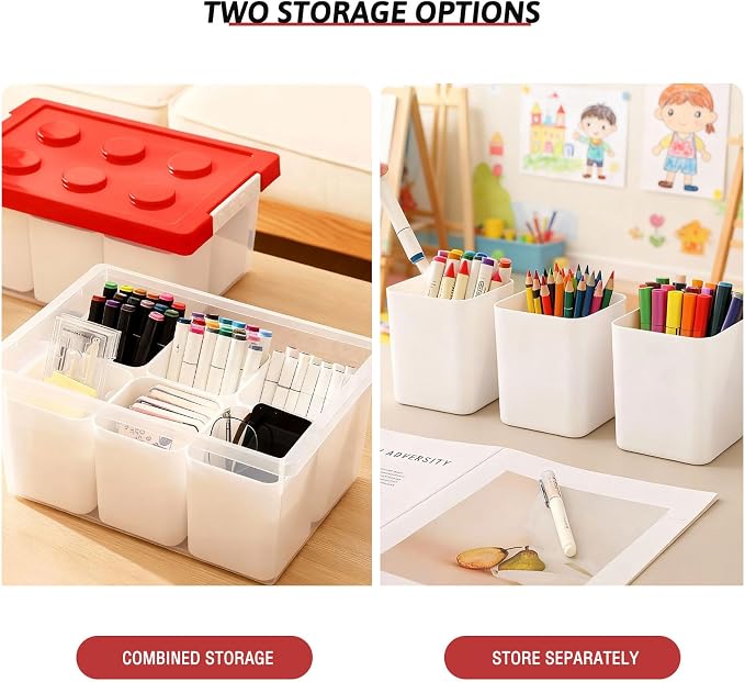 Plastic Storage Bins with Lids, Art Craft Supply Organizer Box with Brush Pot, Multipurpose Stackable Storage Containers for Organizing Tool, Craft, Crayon,Sewing (Red)