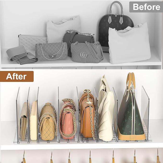 GoMaihe Bag & Purse Organizer for Closet: 4 Sets Adjustable Clear Handbag Storage Shelf - Plastic Clutch Dividers | Minimal | Keep Purses upright