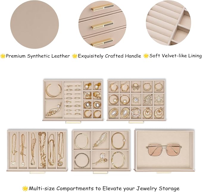 VLANDO 5-Drawer Jewelry Box with Glass Lid, Faux Leather Organizer for Rings Earrings Necklaces and More, Gift-Ready Jewelry Case for Women Girls or Moms, White