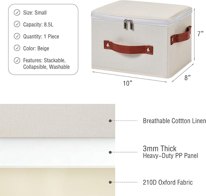 Storage Bin Box with Zippered Lid Cotton Linen Fabric Decorative Basket with PU Leather Handles PP Plastic Board Foldable Lidded Clothing Shelf Closet Organizer Container (Beige, Small)
